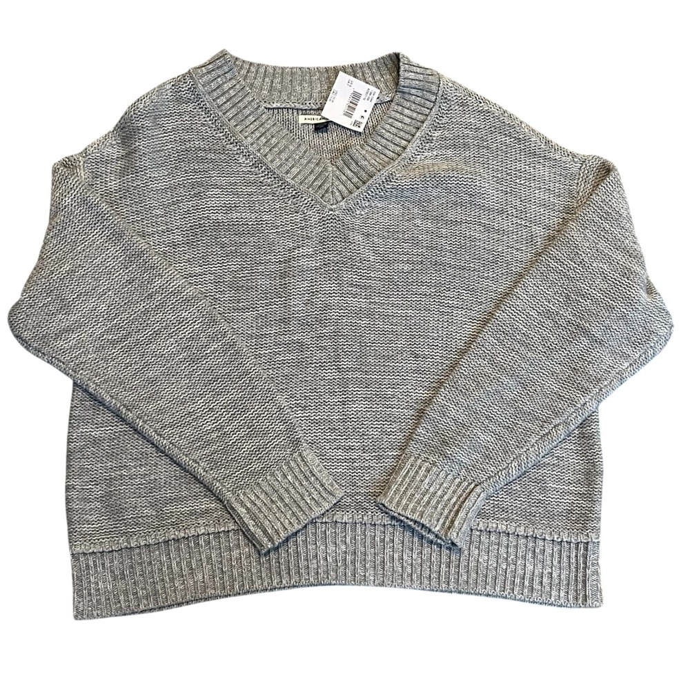 NWT American Eagle Long Weekend V Neck Sweater Cotton Gray Small